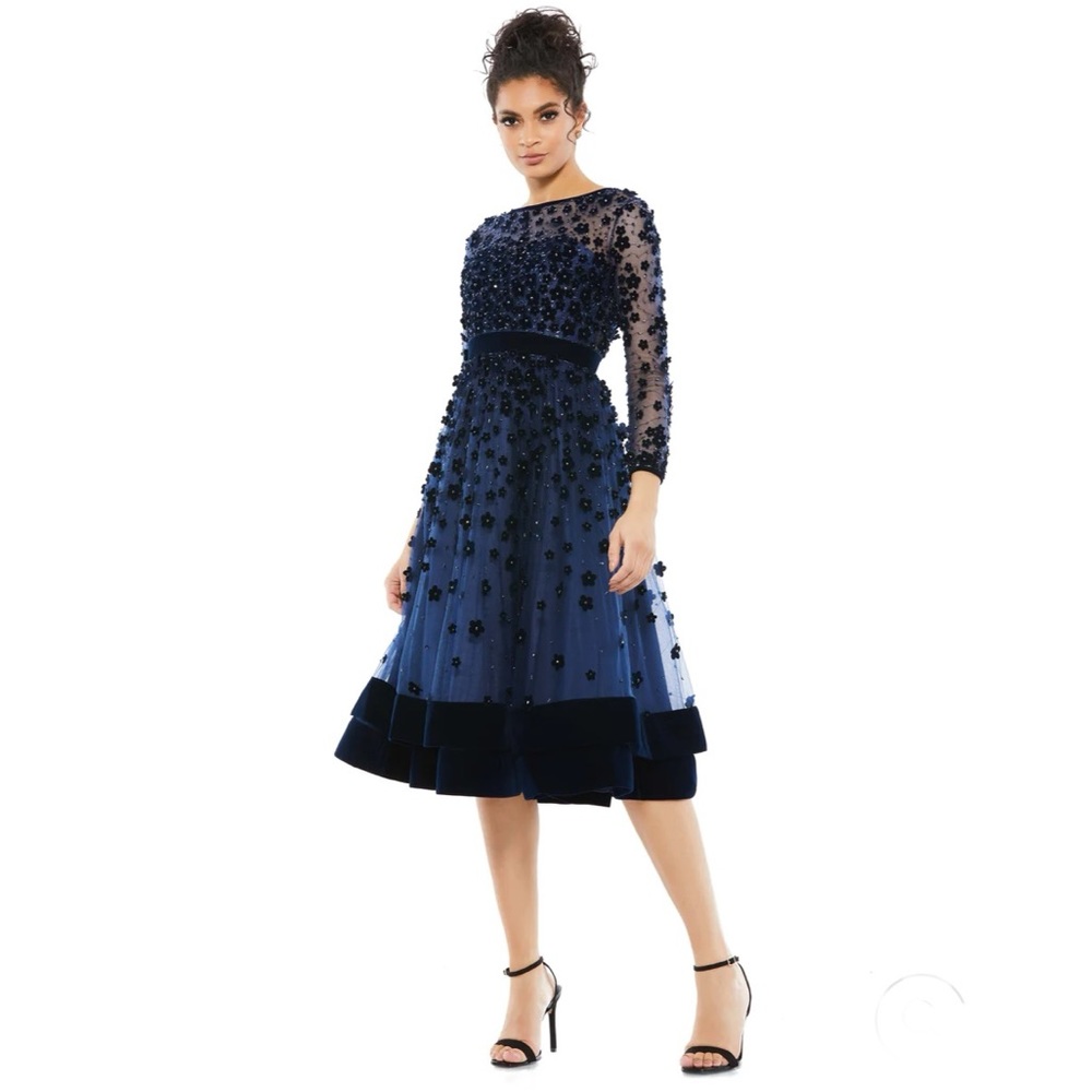 MAC DUGGAL Embellished 3D Floral Long Sleeve Fit & Flare Dress NEW 14 Midnight